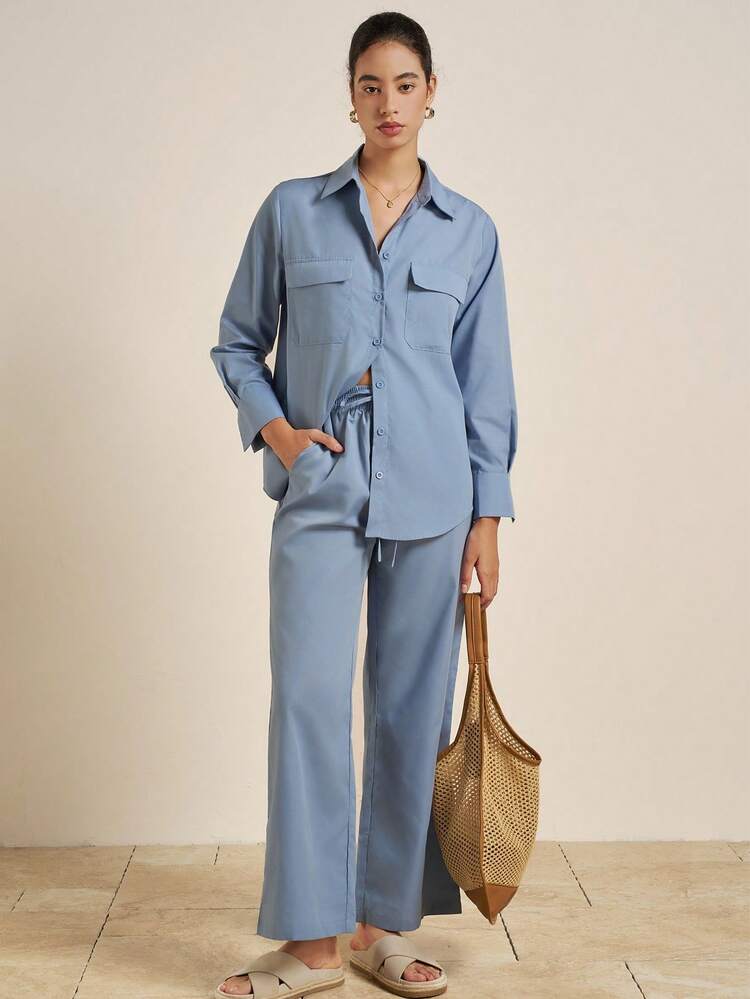 Airaco 女式纯色长袖单排扣工装口袋衬衫和休闲裤两件套 - 藍色 - 查看 3