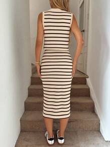 Easowa VKing 纽扣前背心和紧身侧开衩裙拼色条纹休闲度假优雅装扮，适合女士，春夏季 - 彩色 - 查看 2