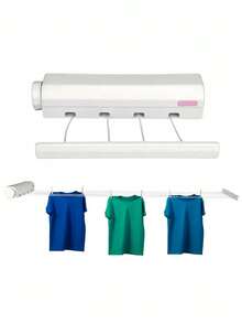 SHEIN 1pc Space Saving Retractable Clothesline With 4/5 Ropes, Wall Mounted Durable Plastic Drying Rack With Towel Bar And Hooks, Portable Clothes Drying Rack - White - View 3