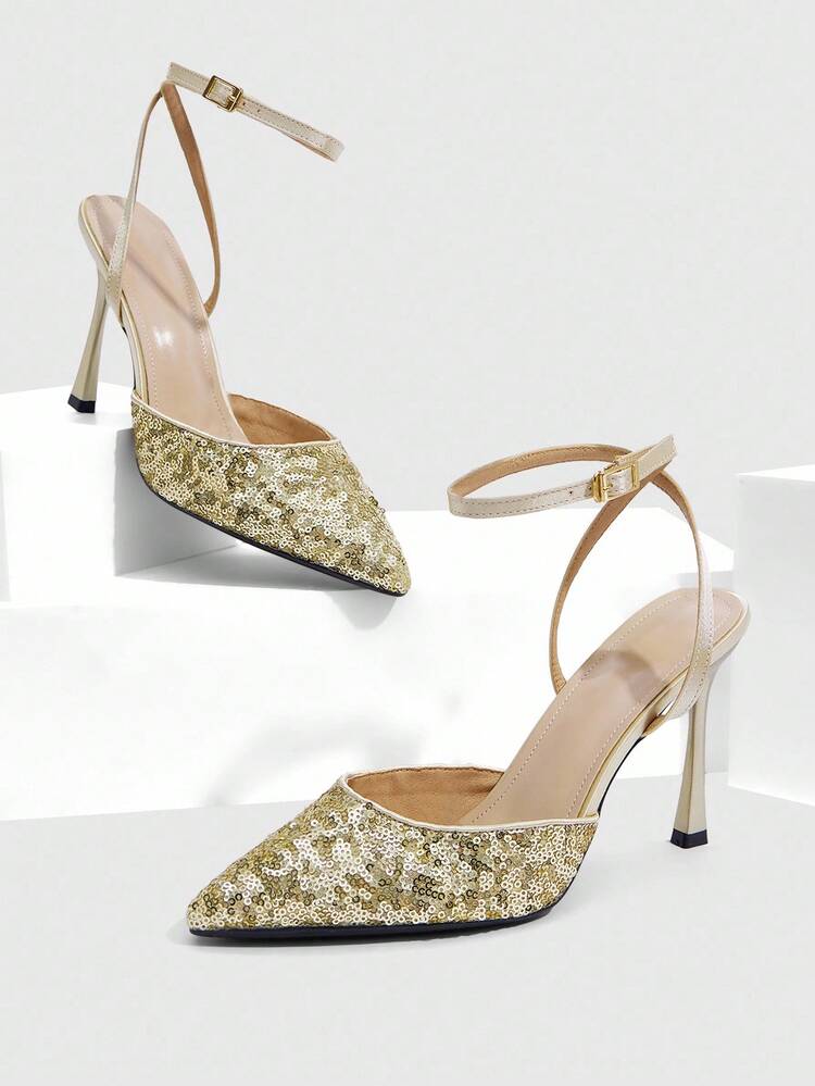 CUCCOO SZL Glitter Decor Shiny Casual Minimalist Women's High Heel Mule Shoes