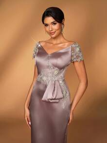 Serin Elegant Luxurious Off Shoulder Bow Embroidered Pearl Lace Applique Mid-Length Dress, Suitable For Evening Party, Date, Music Festival, Prom, Holiday, Wedding, Bridal Mother Dress - Champagne - View 6