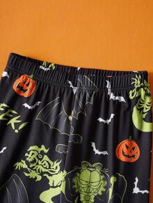 GARFIELD | SHEIN 青少年男孩黑色卡通蝙蝠猫和南瓜印花舒适睡衣套装，适合秋冬季节、万圣节 - 黑色 - 查看 5