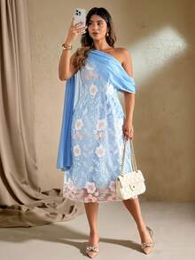 Roveilla Vestido midi de mujer talla grande elegante y romántico con cuello asimétrico bordado - Azul - Ver 6