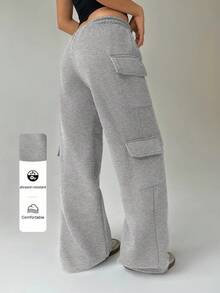 FavEase 女式抽绳腰部口袋阔腿慢跑裤，灰色，休闲街头风格，秋季 - 灰色 - 查看 1