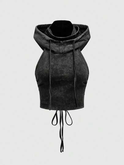 Grunge Punk Punk Apokalyptisches Musik Festival Kapuzen Rückenfrei Schnürdesign Figurbetontes Crop Top für Frauen