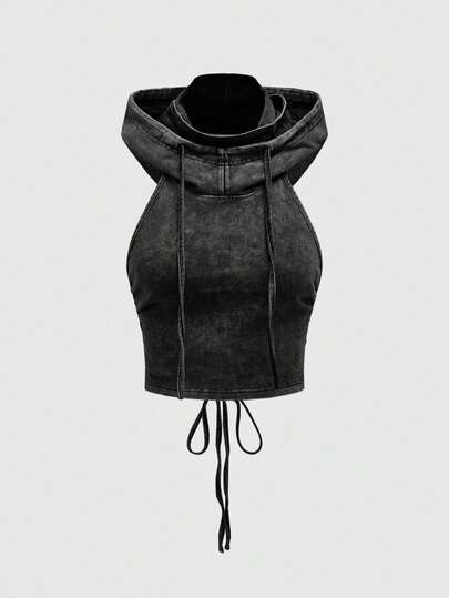 ROMWE Grunge Punk Spring/Summer Carnival Punk Apocalyptic Music Festival Hooded Backless Lace-Up Design Fitted Cropped Women Tank Top
