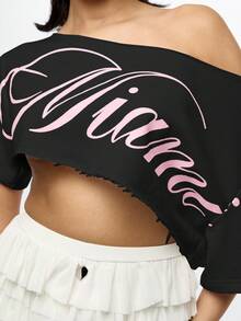 SUMWON WOMEN Off Shoulder Raw Edge Cropped Graphic Tee Alternative Festival Clothing Ruffled Distressed Aesthetic Y2K Fashion Edgy Club Party Wear