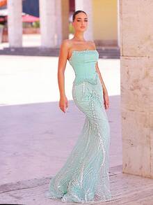 Glamrae Váy đuôi cá bằng vải satin đính kim sa và kim cương sang trọng, quyến rũ, thanh lịch, có đuôi, phù hợp cho đám cưới, tiệc tùng, dạ hội, sự kiện trang trọng (trang trí đậm) - Cỏ xanh - Xem 4