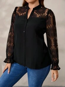 Plus Size Women Elegant Versatile Polo Collar Lace Jacquard Patchwork Blouse Fall Cloth For Women - Black - View 3