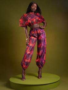 NYA SZN Spodnie Kami z wysokim stanem, ściągaczem, nadrukiem i siateczką, skromne, na specjalne okazje, na wesele, wieczór, urodziny, kościół, siateczka, jesienne stylizacje dla kobiet - Pomarańczowy - Zobacz 1