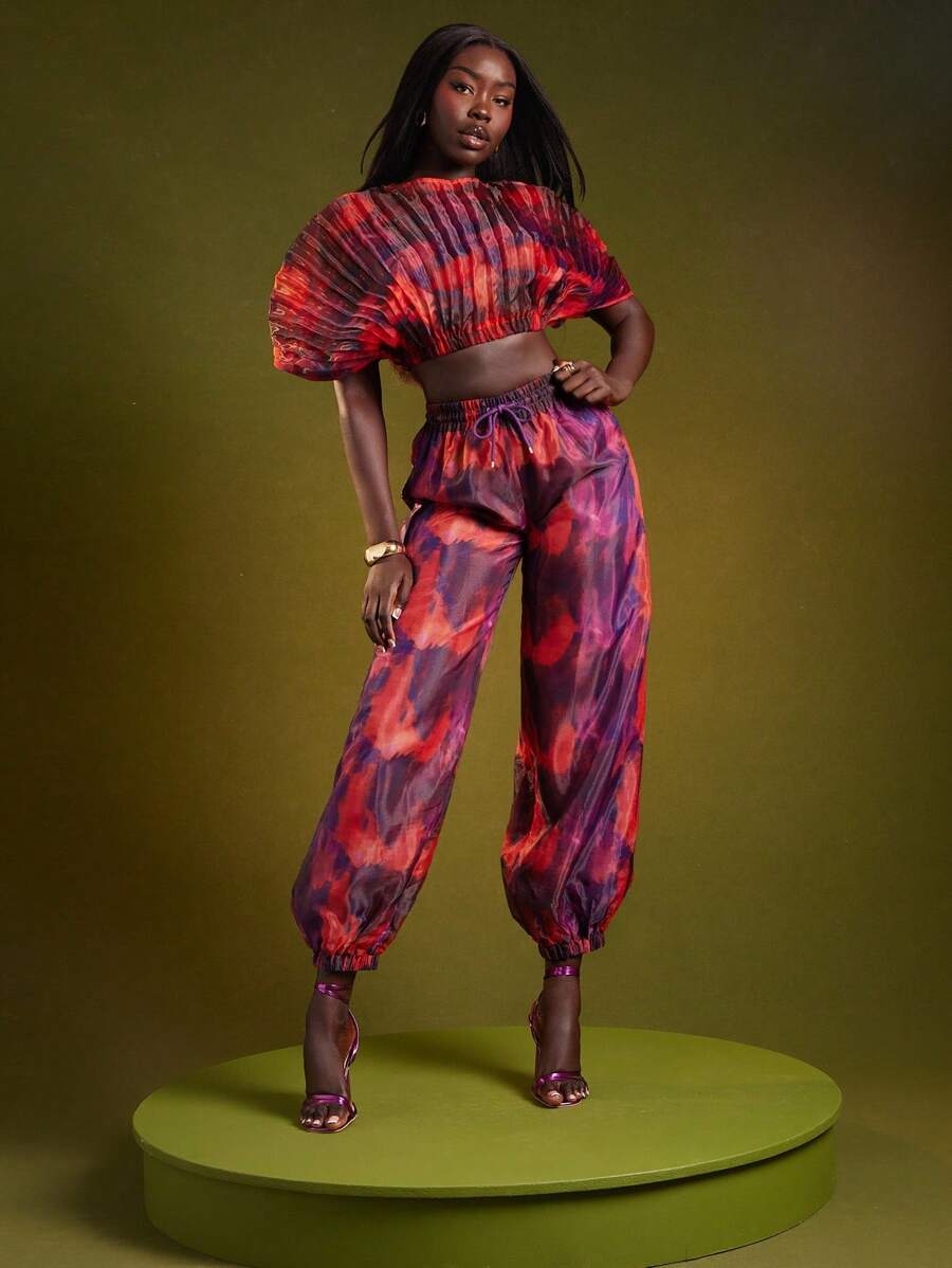 NYA SZN Spodnie Kami z wysokim stanem, ściągaczem, nadrukiem i siateczką, skromne, na specjalne okazje, na wesele, wieczór, urodziny, kościół, siateczka, jesienne stylizacje dla kobiet - Pomarańczowy - Zobacz 1