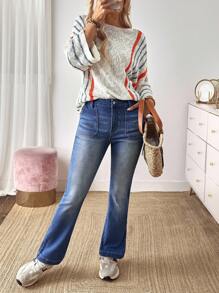 EMERY ROSE Quần Jeans Nữ Ống Loe Túi Đa Năng Thường Ngày - Màu xanh lam - Xem 4
