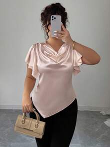 SHEIN Elenzya Áo thun tay ngắn dáng rộng màu trơn viền bất đối xứng thanh lịch cỡ lớn - Hồng - Xem 3
