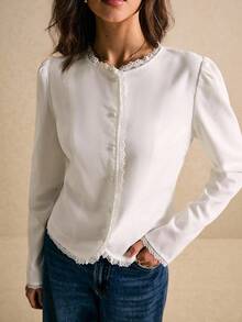 Poéselle 女士衬衫，纽扣门襟，蕾丝边饰，白色长袖衬衫，休闲衬衫；女士优雅通勤撞色蕾丝前襟纽扣衬衫；女士上衣；女士衬衫；女士秋季装；女士冬季装；女士冬季商务休闲装 - 白色 - 查看 6