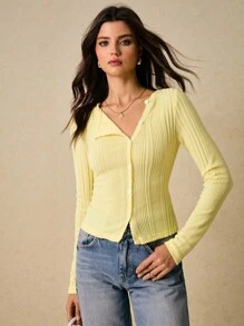 Poéselle Women's Casual Solid Color Front Button T-Shirt,Fall Tops,Winter Tops,Business Casual Woman,Office Outfits For Women,Old Money Style Women,Classy Outfits For Women, Fall Clothes For Women,Winter Clothes For Women - Yellow - View 1