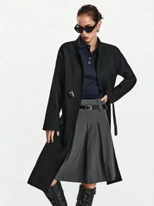 Lumivelle 绿色女式简约宽松腰带装饰长款羊毛大衣 - 黑色 - 查看 4