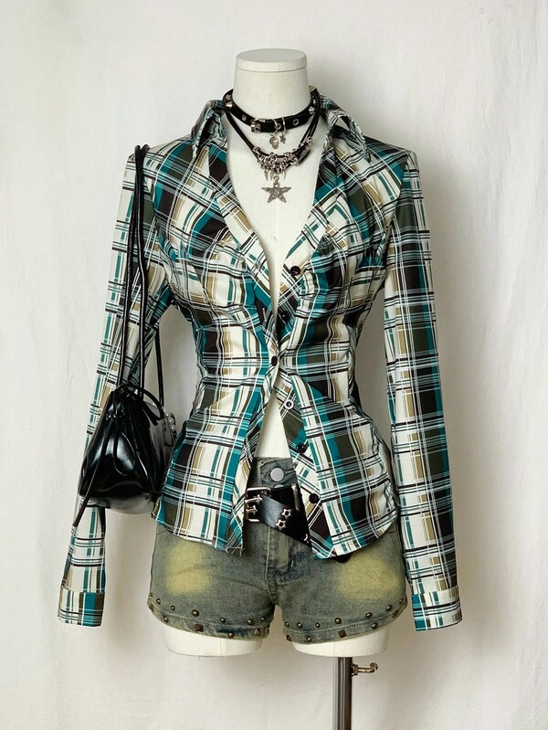 EgrlEra Women Vintage Long Sleeve Plaid Patchwork Shirt, Suitable For Home-Coming & Daily Wear Fall Cloth For Women, Christmas