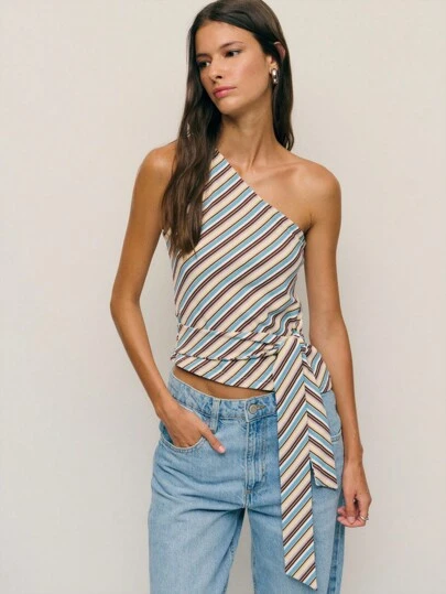 Nöista Striped One-Shoulder Tie-Waist Top In Soft Ribbed Knit With Diagonal Cream, Brown And Baby-Blue Stripes-An Asymmetric Neckline And Single Shoulder Create A Modern, Flirty Silhouette While The Self-Tie At The Waist Defines The Shape And Flatters High-Rise Bottoms. Perfect For Autumn And Holiday Styling - Layer Under A Leather Jacket Or Tailored Blazer For Christmas Parties.