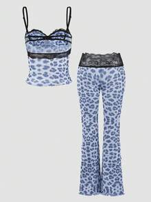 SHEIN SXY Women's Spring New Leopard Print Contrast Lace Spaghetti Strap Extended Pants - Blue - View 6