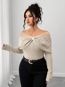 Elenzga Suéter elegante de talla grande con parches de malla y decoración de cuentas, con hombros descubiertos, adecuado para primavera y otoño - Caqui - Ver 4