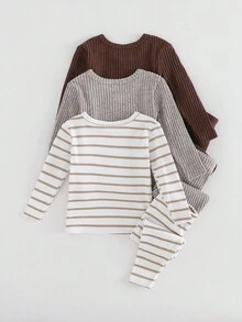 SHEIN 6pcs Baby Boy Minimalist Soft Comfortable Ribbed Solid Color Knitted Ribbed Long Sleeve Top And Pants Pajama Set, Cozy Sleepwear - Multicolor - View 2