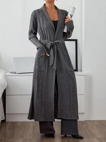 EURMUSE Women Cardigan With Rib Knit Grey Long With Belt,Cardigans,Petite,Tall - Grey - View 6