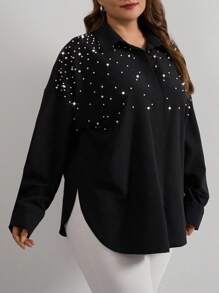 RueChic Cottnline Pearls Beaded Drop Shoulder Shirt - Black - View 4
