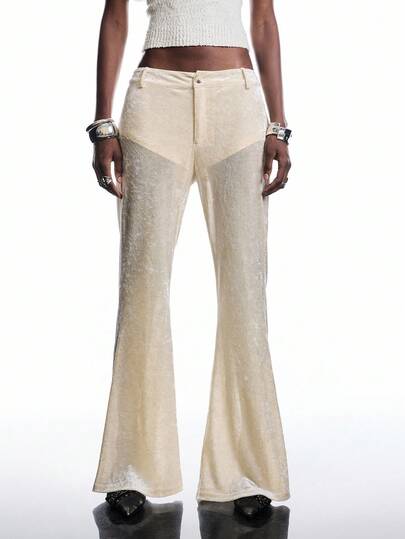 LYSMO 天鹅绒拼布高腰弹力喇叭裤