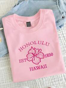 Airaco Summer Colorblock Slogan & Hibiscus Embroidery Round Neck Women T-Shirt - Baby Pink - View 3