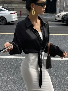 DAZY Camisa de mujer con diseño de cinturón, unicolor, manga larga - Negro - Ver 4