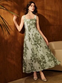 Anewsta Elegant Patchwork Cinched Waist Sleeveless Printed Dress For Women - Green - View 5
