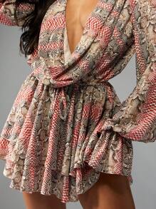 MISSGUIDED Chiffon Snake Print Long Sleeve Mini Dress Ruched Waist Deep V Neck Puff Sleeve Empire Waist Party Club Night Out Spring Fall Fashion 2024 - Multicolor - View 3
