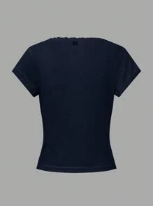 Zielony Sweet Lace Trim Short Sleeve T-Shirt For Women, Summer New Slim Fit 3-Button Front Half Sleeve Top