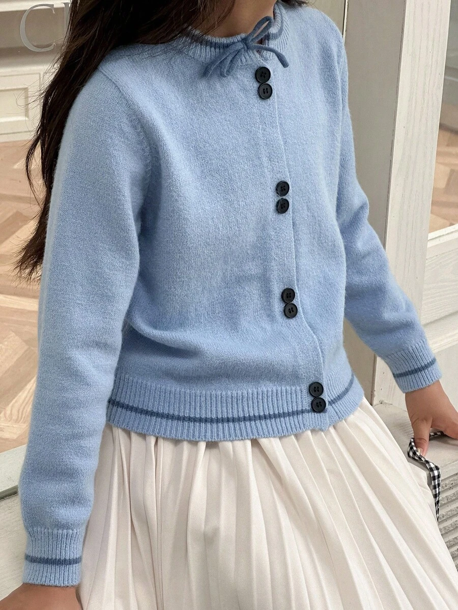 DAZY Tween Girl Tie Neck Design Long Sleeve Single-Breasted Casual Cardigan Fall/Winter - Baby Blue - View 1