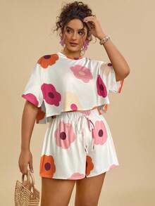 SHEIN VCAY Bộ đồ bơi 2 món cổ tròn rộng rãi họa tiết hoa nhiệt đới nhiều màu sắc dành cho nữ đi biển cỡ lớn - Màu be - Xem 5