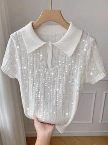 Comfortcana Maglietta casual a maniche corte in maglia con colletto polo e paillettes di colore unito per donna - Albicocca - Visualizzare 7