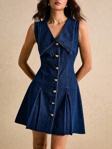 Poéselle 女士休闲前扣褶裥无袖牛仔连衣裙，夏季女士牛仔连衣裙，纽扣牛仔连衣裙，褶裥牛仔连衣裙，女士牛仔连衣裙，纽扣连衣裙，浅蓝色牛仔连衣裙，翻领牛仔连衣裙，修身牛仔连衣裙，女士S码牛仔连衣裙，曲线牛仔连衣裙，牛仔迷你连衣裙 - 深色水洗藍 - 查看 4