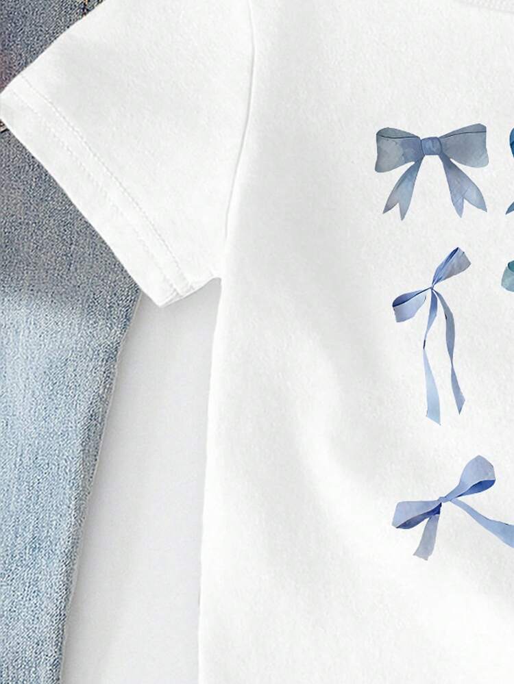 SHEIN Tween Girl Short Sleeve Blue Bow-Knot Creative & Aesthetic Print T-Shirt, Suitable For Outings And Creating A Cute Teenage Girl Look, Summer - White - View 6