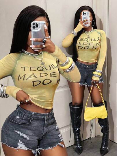 BamGleam Women's Slogan Print Round Neck Raglan Sleeve Fitted Cropped T-Shirt Fall Cloth For Women