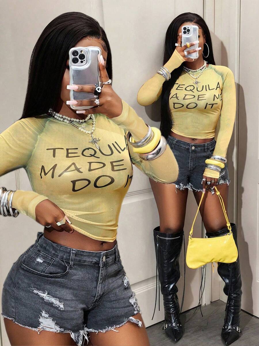 BamGleam Áo thun nữ cổ tròn tay raglan in khẩu hiệu, dáng ôm, cắt cúp - Màu vàng - Xem 1