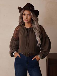 LanaWest Women's Mesh Embroidered Floral Pleated V-Neck Long Sleeve Blouse Top, Tie Neck Brown Top, Suitable For Western Style Fall Cloth For Women - Coffee Brown - View 6