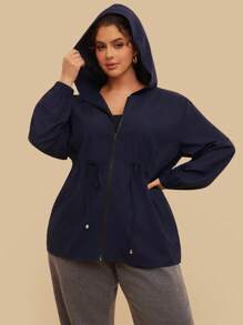 SHEIN VCAY 大码女式休闲户外露营夹克，带口袋和兜帽，运动装 - 黑色 - 查看 3