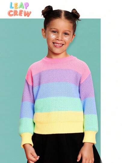SHEIN Loose Casual Comfortable Colorful Striped Crew Neck Long Sleeve Sweater,In Fall/Winter