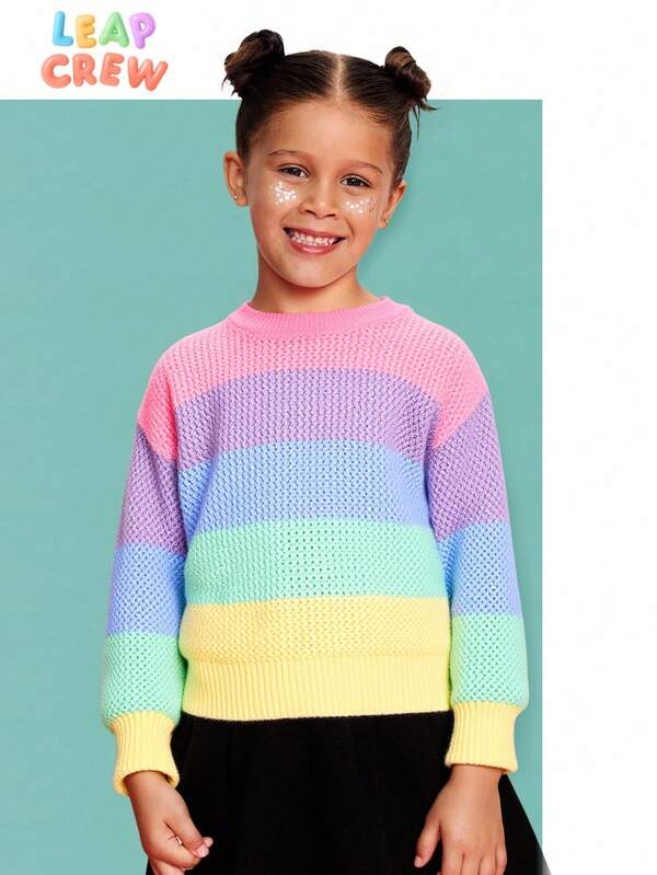 SHEIN Loose Casual Comfortable Colorful Striped Crew Neck Long Sleeve Sweater,In Fall/Winter