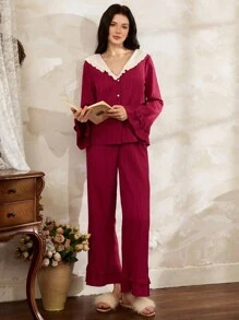 Côtesoire Bộ đồ ngủ ren xếp nếp màu tương phản lãng mạn thanh lịch dành cho nữ, trang phục thu đông - Màu Đỏ Sâu - Xem 5