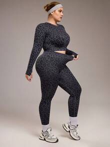 Rhythm Era 大码女式豹纹长袖上衣和紧身裤套装健身套装 - 彩色 - 查看 4