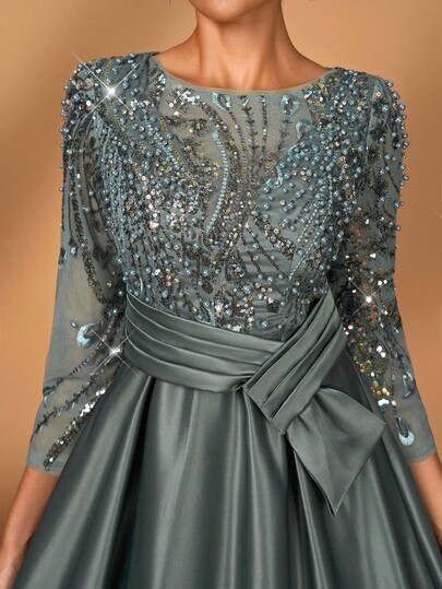 Serin Elegante y lujoso vestido de manga larga transparente con bordado de encaje floral, perlas y lazo con diamantes, con vuelo. Adecuado para boda, fiesta, vacaciones, baile de graduación, vestido de noche para novia, madre de la novia