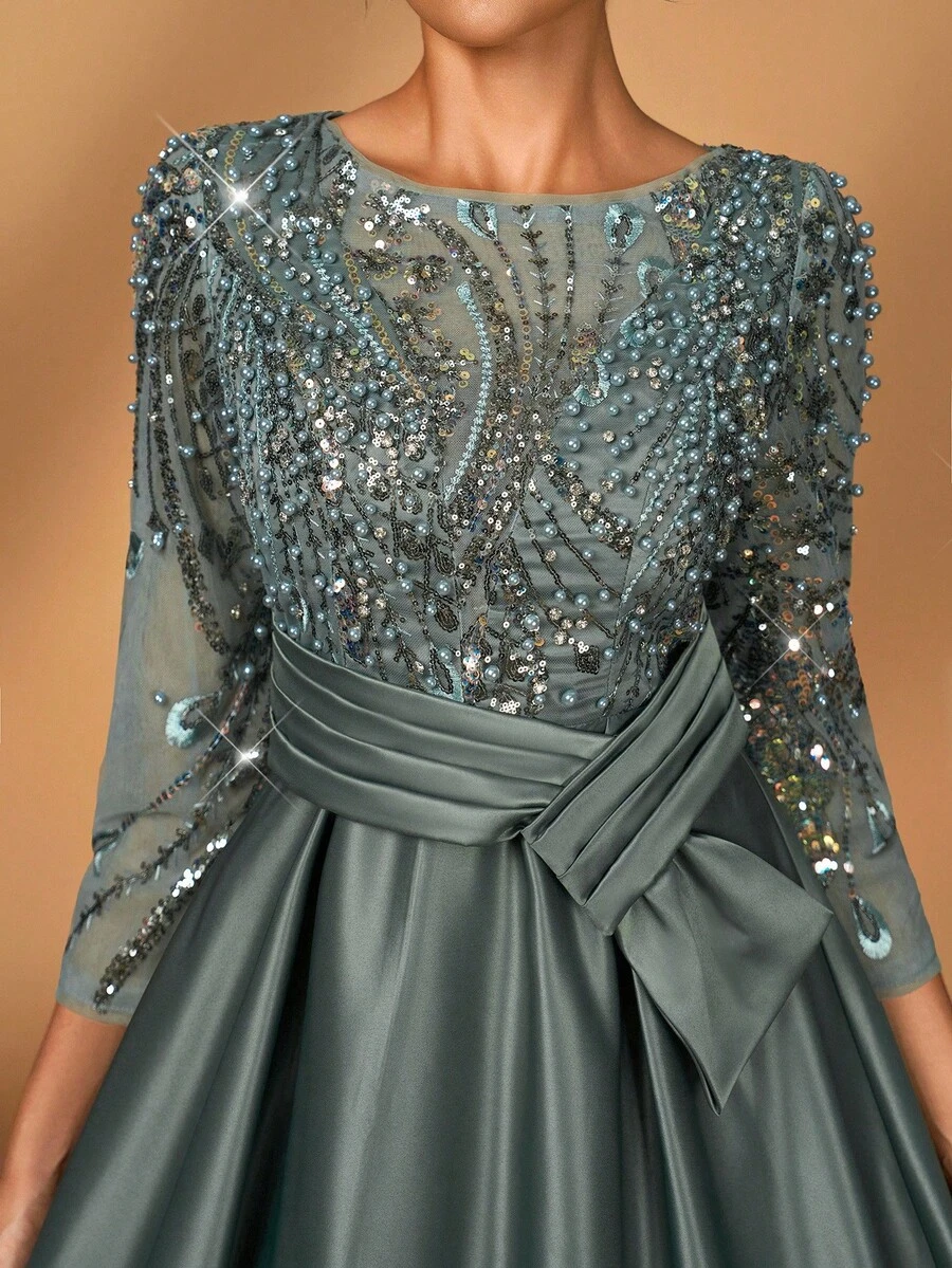 Serin Elegante y lujoso vestido de manga larga transparente con bordado de encaje floral, perlas y lazo con diamantes, con vuelo. Adecuado para boda, fiesta, vacaciones, baile de graduación, vestido de noche para novia, madre de la novia