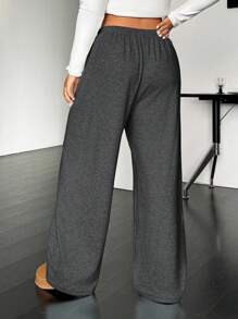 SHEIN EZwear 深灰色加大码休闲抽绳腰宽松直筒裤 - 深灰色 - 查看 2