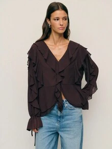 Nöista Áo voan dài tay nhún bèo màu tối lãng mạn. Thích hợp mặc riêng hoặc phối cùng áo cardigan trong mùa thu; hoàn hảo cho những buổi tối hẹn hò, tiệc tùng và đi chơi. - Cà phê nâu - Xem 4